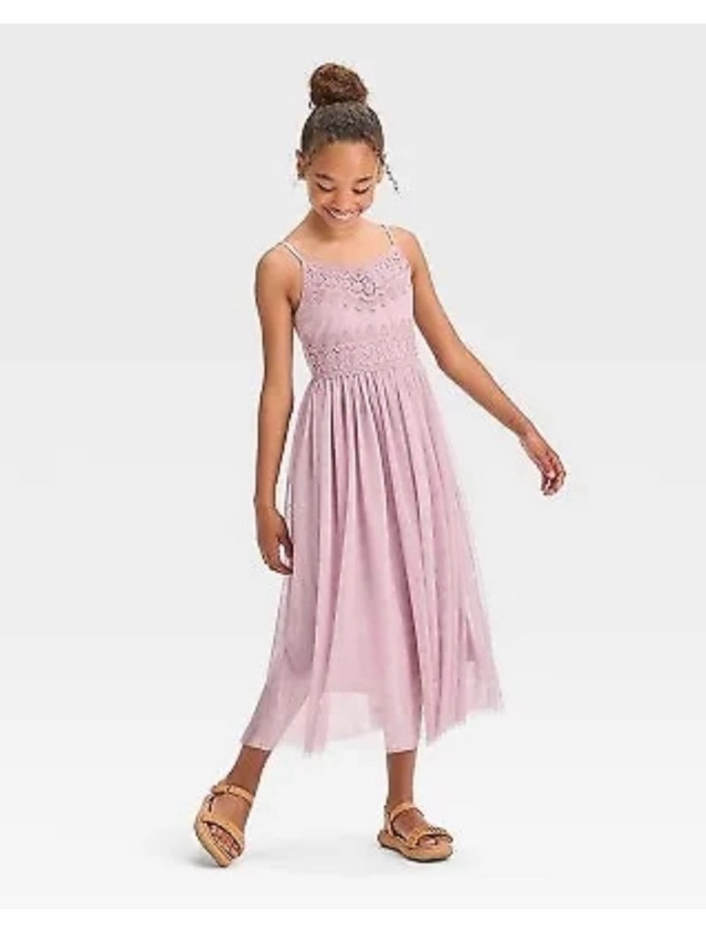 Zhenzi Dusty Pink Lace Bodice Tulle Midi Dress